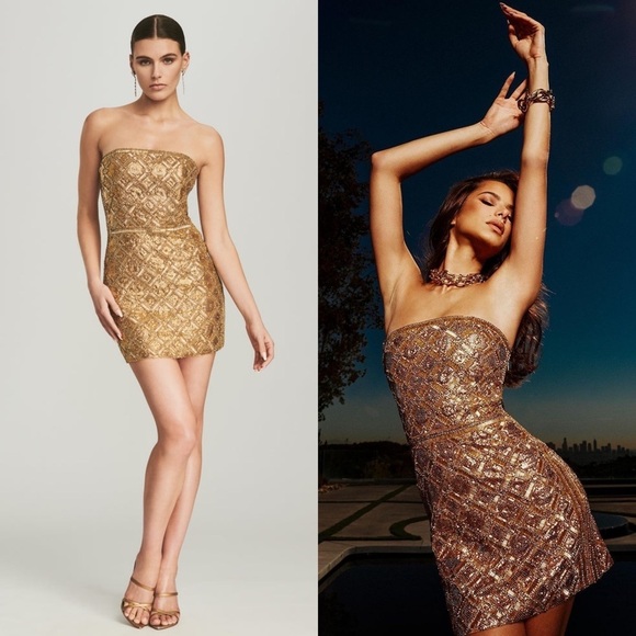 NWT RETROFETE Hand Stitched Beaded Crystal Chainmail Detail Strapless Dress XS - Picture 1 of 12